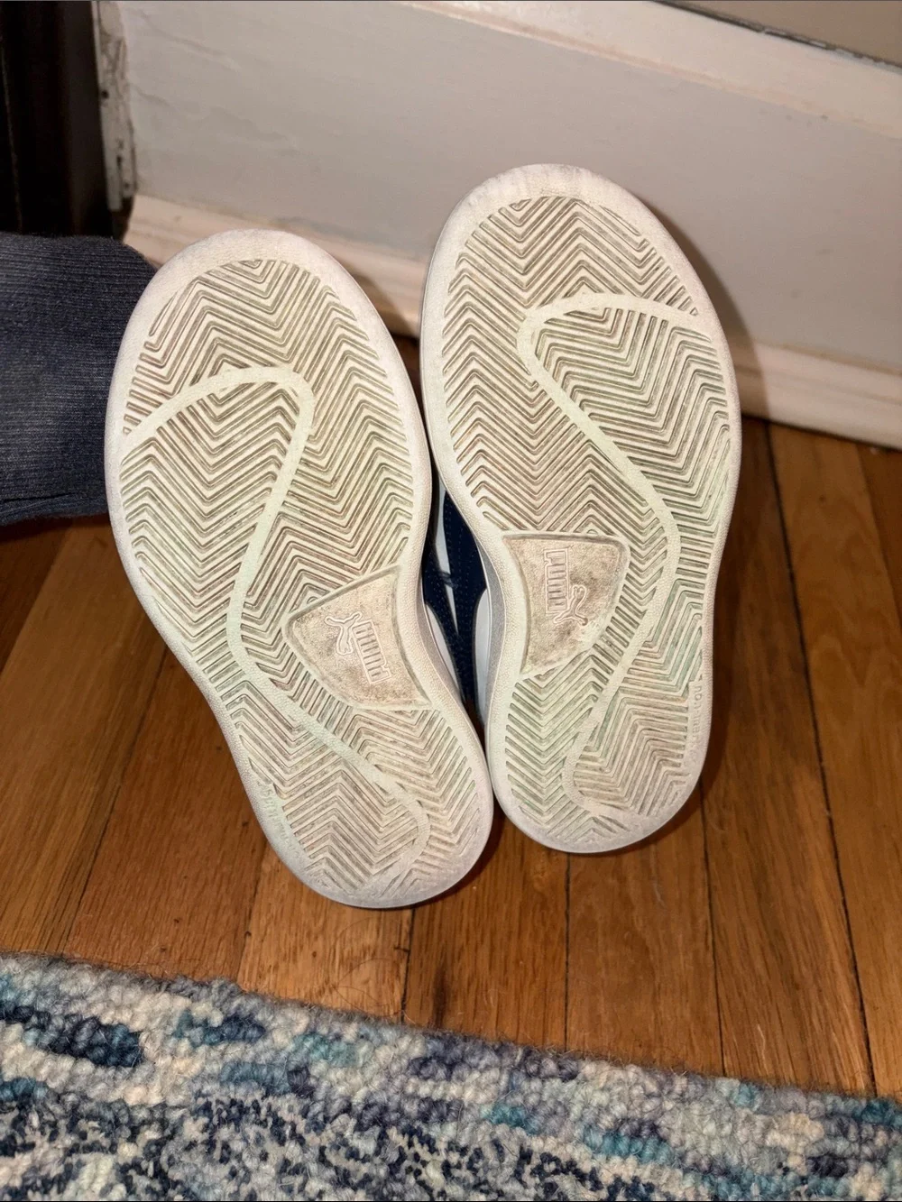 Kids Puma White Velcro Sneakers with Navy Accents